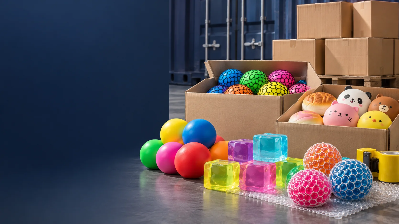 Illustrative squeeze-toy assortment beside open export cartons